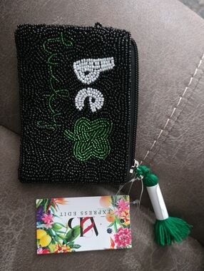 Black Beaded Zip Coin Purse Wallet with Green Accent and Tassel